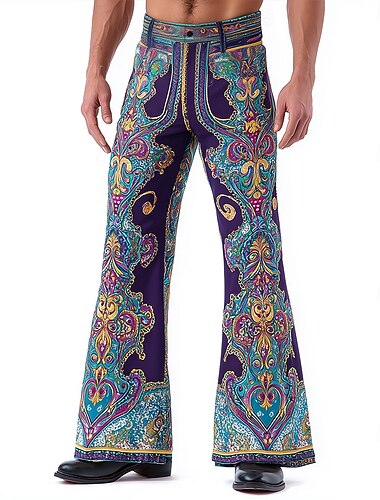  Karneval Herren Paisley-Muster Blumendruck Karnival Hose Disco-Hosen 60er 70er Schlaghosen Mittlere Taille Vintage-Retro Party Ferien Seitentaschen Schlaghose Frühling Herbst 3D-Druck Purpur Rosenrot