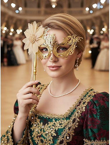  Kvinne gull filigran håndholdt maskerade Mardi Gras maske med blomst dekorasjon - Elegant venetiansk karneval kostyme tilbehør fester og baller