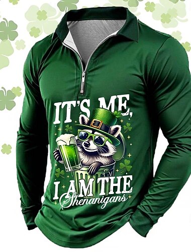  St. Patrick's Day Mannen Tekst Oktoberfest Bier Rits Polo-Shirts Lange Mouw Polo-Shirts Lapel Casual Buiten Festival Outfit 3D Print Lente Herfst Zwart Lichtgroen Groen
