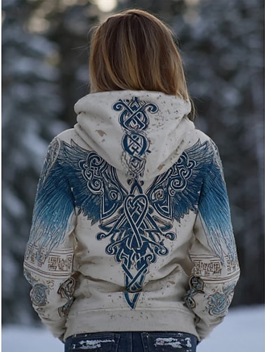  Dame Pullover hettegenser-genser Lapper Trykt mønster Lomme foran Grafisk Geometrisk Stamme Årgang Fritid Bohem Langermet Med hette Vanlige topper Avslappet Gate Hverdag Blå Svart Vår Høst Vinter