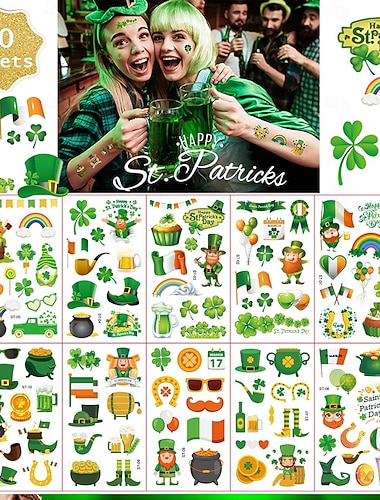  10 Bögen temporäre Tattoos zum St. Patrick's Day, irische Partyaufkleber für Festivals, Feiertage und Feiern