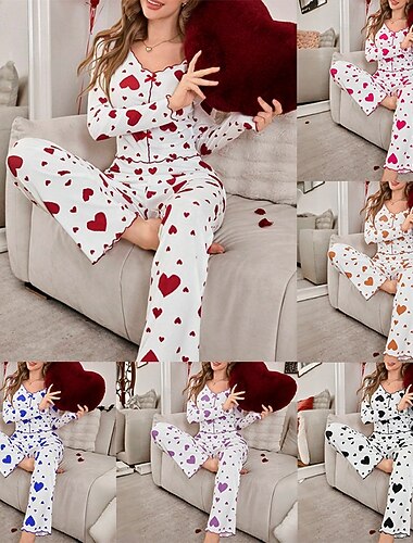  Damen Schlafanzug Set Lässig Komfort Herz Elastischer Bund Hose Täglich Heim Langarm Quadrathals Blau Schwarz Rosa Rote Purpur Sommer Frühling Normale Passform