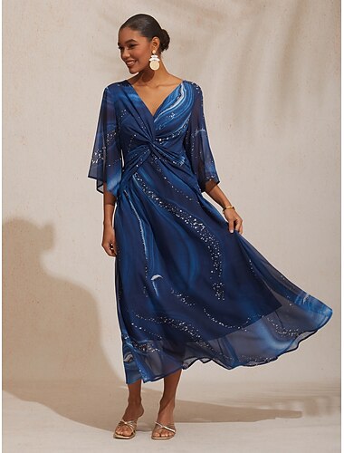  maxikjole for kvinner blå galakse gradienttrykk v-hals foran vridd knute trekvartlange ermer reise ferie