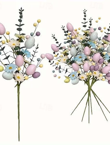  6 künstliche Osterblumenstiele mit gesprenkelten Eiern und bunten Beeren, frühlingshafte Tischdekoration mit pastellfarbenen Eiern, Gänseblümchen und Zweigen für Ostergestecke