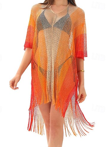  Damen Badeanzug Überwurf Bademode Fransensaum Ausschnitt Urlaub Strandbekleidung Ombre V Ausschnitt Kurze Ärmel Badeanzüge