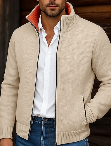  Herren Pullover Strickjacke Reißverschluss-Pullover Pulloverjacke Fleece Pullover Gerippt Stricken Normale Oberteile Klassicher Stil Fleece Einfarbig Hoher Ausschnitt Klassisch & Zeitlos Schick