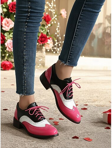  női retro rózsaszín és fekete oxford cipő – lakk műbőr fűzős brogue a vintage lezser stílushoz és divatos kirándulásokhoz