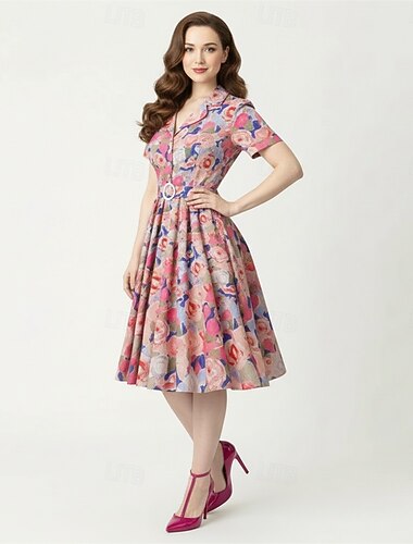  רוקאבילי צָהֳרַיִים שמלת קו שרוולים קצרים צמוד ומתרחב תחפושות בגדי ריקוד נשים קרנבל חג האהבה קזו'אל סיום לימודים מסיבת נושא רטרו מבוגרים שמלה אביב