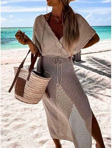  Couverture de maillot de bain femme robe découpes tricot vacances vêtements de plage couleur unie décolleté en V manches courtes