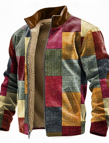  Herren Geometrisch Karomuster Fleece Jacke Pullover Mode Täglich Einfach Lässig Stehkragen Reißverschluss Outdoor Urlaub Geschenk Ausgehen Blau Rote Grün Grau Tasche Reißverschluss vorne Herbst Winter