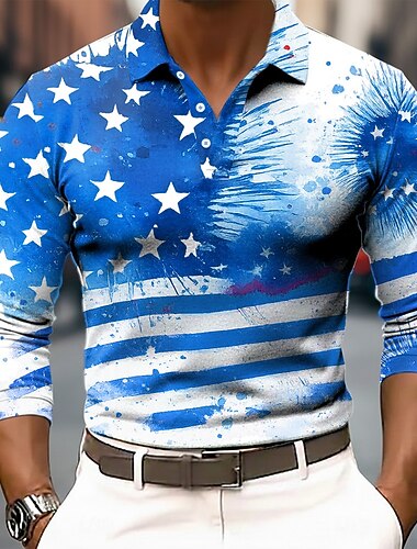  4 juli 2026 250e Voor heren Amerikaanse Amerikaanse vlag Polo Lange mouw Poloshirt Revers Casual Straat Sportkleding Alledaagse kleding 3D-afdrukken Knop Lente Herfst Winter blauw Blauw 1