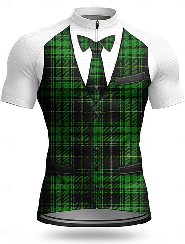  Jersey da Ciclismo St. Patrick da Uomo Jersey a Quadri Novità Maniche Corte Top da Bici con 3 Tasche Posteriori Resistente ai UV Asciugatura Rapida con Tasche Cerniera Anteriore Sportiva Verde