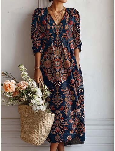  Dames midi kjole i linlignende materiale åndbar lett sommerkjole A-linje feriekjole casual boho vanlig passform grafisk fargeblokk langermet V-hals marineblå sommer vår