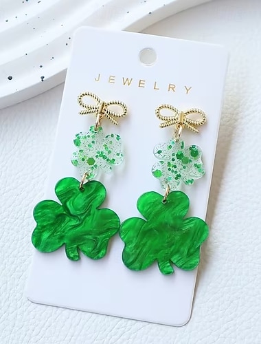  1 Paar Ohrringe zum St. Patrick's Day, grüne Acryl-Ohrringe mit sternförmigen Kleeblättern und eleganten Schleifensteckern, schicker Ohrhänger für die Feiertage