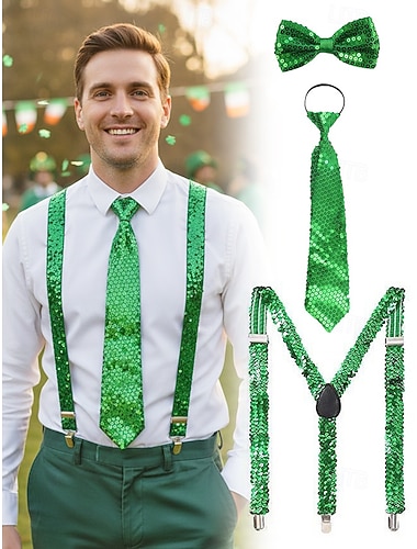  Paillettenbesetztes Hosenträger- und Krawattenset für Herren aus Polyester, Reißverschluss-Design, verschiedene Farben, perfekt für St. Patrick's Day und Karnevalsfeiern