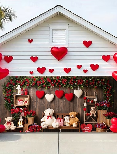  Garagentorabdeckung mit 2D-Flachdruck zum Valentinstag: Braune und weiße Bären mit Herzballons, Rosen und Geschenkboxen – perfekt für die Valentinstagsdekoration, ideal für Zuhause oder Schaufenster.