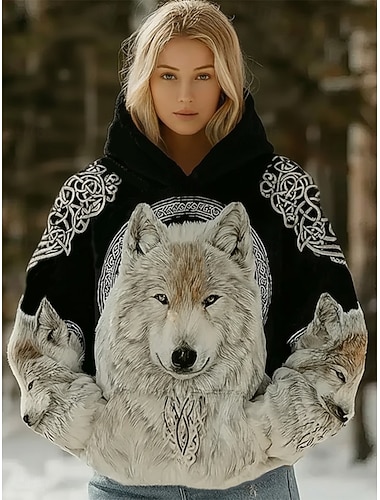  Dame Pullover hettegenser-genser Lapper Trykt mønster Lomme foran Grafisk Dyr Geometrisk Årgang Fritid Bohem Langermet Med hette Vanlige topper Avslappet Gate Hverdag Svart Vår Høst Vinter