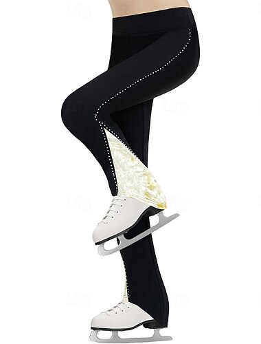  Kunstschaatsbroek voor dames en meisjes, zwarte, elastische trainingsbroek voor wedstrijden, thermisch warm, met kristallen/strasssteentjes, geschikt voor kunstschaatsen.