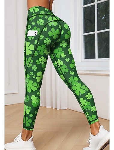  St Patrick Dam pilatesleggings Fitnessbyxor Gymleggings Fickor Stämpelskatt Sidfickor Pilates Gym Gymträning Trikåer Damasker Underdelar Blommig Klöver Mörkgrön Grön sporter Sportkläder Hög Elasisitet