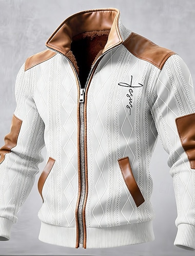  Herren Wintermantel Fleecejacke Freizeitjacke Täglich Outdoor Thermowarm Jacquard Tasche Herbst Winter Farbblock Kreuz Streetwear Täglich Stehkragen Regulär Schwarz Weiß Khaki Armeegrün Grau Jacken