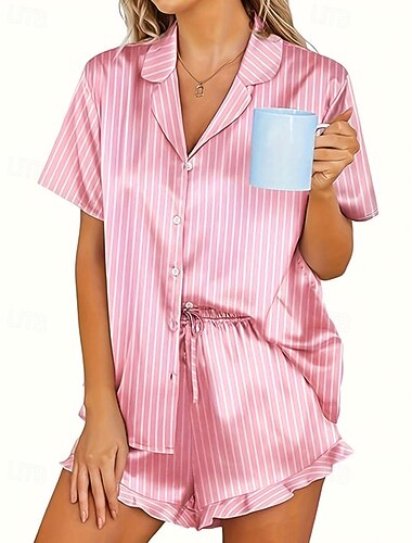  Naisten Yöpuvut loungewear Yöpukusarja Muoti Vapaa-aika Mukavuus Raita Puhdas väri Painike ylös Röyhelö Joustava vyötärö Shortsit Päivittäin Koti Loma Lyhythihainen Paitapuserokaula-aukko Sininen