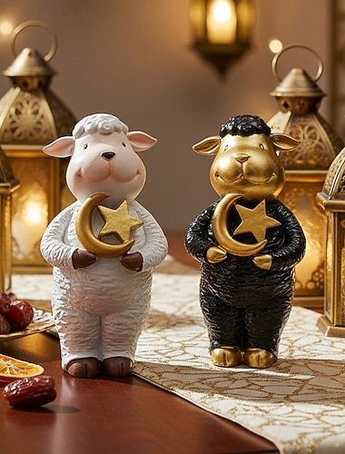 Ramadan-Schaffigur, schwarz &Schaf aus weißem Harz hält Mond &Stern, handbemaltes Deko-Ornament für Eid al-Fitr, Eid al-Adha, Ramadan, als Geschenk für die Familie & Feier