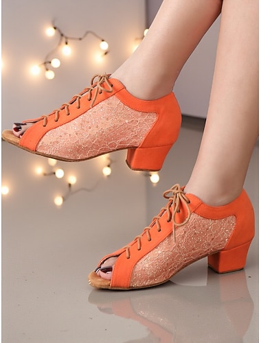  أحذية رقص لاتينية نسائية برباط - أحذية احترافية بكعب مفتوح من الأمام من شبكة لامعة مناسبة لرقص السالسا والرومبا والتانجو &ممارسة الأداء