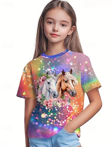  Unisexo Para Meninas 3D Gráfico Cavalo Camisa Camiseta Manga Curta Impressão 3D Verão Primavera Esportes Moda Roupa de rua Infantil 4-12 anos Gola Redonda Casual Diário Ao ar livre Normal