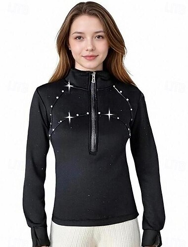  Kunstschaats fleecejack voor dames en meisjes, zwart, elastisch, trainings- en wedstrijdschaatskleding, thermisch warm, met kristallen/strass steentjes, lange mouwen, kunstschaatsen