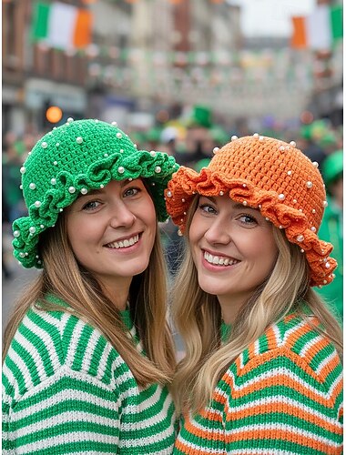  Gebreide damesmuts met klavertje vier en parels, verkrijgbaar in diverse kleuren, perfect voor St. Patrick's Day, carnaval en dagelijks gebruik.