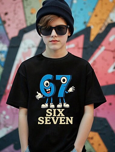  Katoen Kinderen Jongens Zwart Grafisch Tekenfilm Grappige Slang 67 T-shirt Blouse Strakke ronde hals Korte mouw Buiten Dagelijks gebruik Modieus Streetwear Ontwerper Opdrukken Zomer