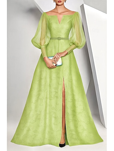  גזרת A עד הריצפה שמלות ערב לבוש רשמי אלגנטית פיצול גבוה שרוול ארוך צווארון V חתונה רשמי שיפון עם שסע