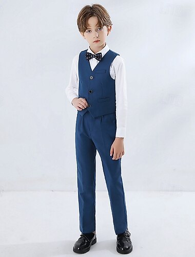  4 חלקים חליפה לנושא הטבעת  בנים ילדים חליפה אפוד וחולצה ומכנסיים קזו'אל בָּחוּץ מפלגה אופנתי מגניב בסיסי צבע אחיד כיס כפתורים פול שחור לבן פוליסטר