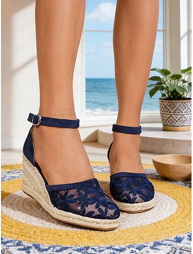  Espadrilles compensées en dentelle pour femme – maille florale respirante, style chic estival, bride cheville confortable idéale pour les vacances à la plage et les sorties décontractées. &vêtements