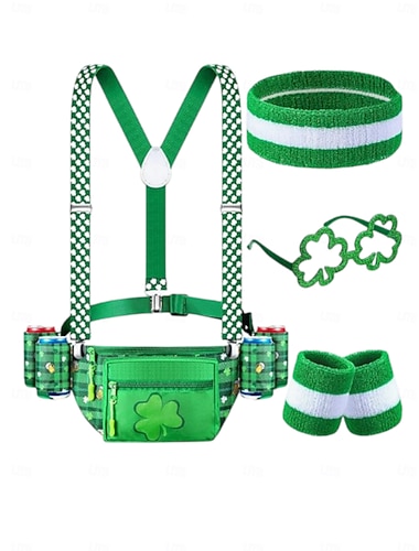  marsupio da uomo con trifoglio verde per il giorno di San Patrizio, bretelle &set di accessori – attrezzatura da festival con fascia, bracciali e occhiali
