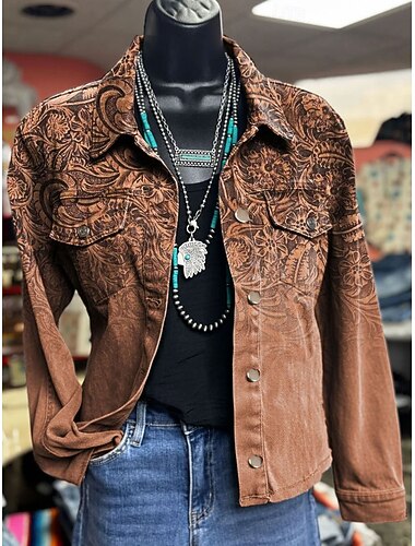  Dámské Bunda Zahřívací Pohodlné Knoflíky Tisk Aktivní Vinobraní umělecké Na běžné nošení Květinový Ležérní Standardní Přehnutý Běžný Dlouhý rukáv Svrchní oděvy Vodní modrá Rubínově červená Khaki