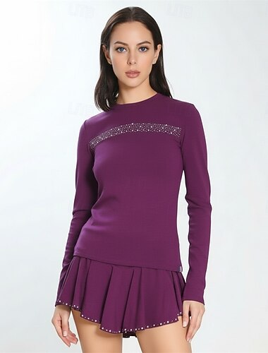  kunstschaatsoutfits voor meisjes, donkerpaarse patchwork, elastische trainings- en wedstrijdschaatskleding, klassieke kristallen/strass-steentjes, lange mouwen, kunstschaatsen