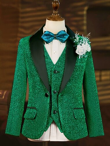  5-delig Ringdragerkostuums Jongens Kinderen Pak Blazer & Broek & Stropdas Casual Buiten Feest Modieus Stoer Basic Effen Kleur Pailletten Zak Knop Groen Polyester
