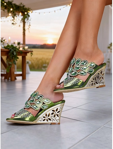  Sandales compensées à strass pour femmes – élégantes chaussures à enfiler ajourées pour la mère de la mariée, parfaites pour une ambiance rustique dans une grange &mariages à la ferme