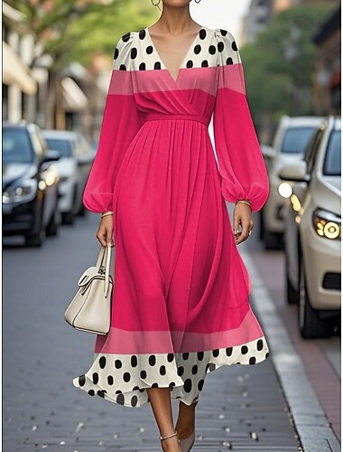  Damen Midikleid A Linie Kleid Urlaub Lässig Täglich Abendgesellschaft Party Normale Passform Grafik Geometrisch Langarm V Ausschnitt Dunkelpink Rote Braun Grün Sommer Frühling Herbst