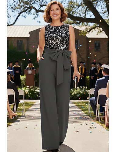  Mono Hasta el Suelo Vestido de Madrina Sin Mangas Cuello Barco Camiseta con cuello redondo Elegante Sencillo Minimalista Formal Invitado a la boda Encaje Tejido elástico con Cinta / Lazo Lazo(s)