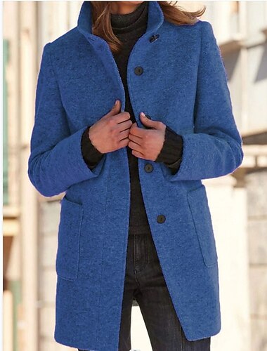  Damen Wintermantel Winterjacke Bequem Atmungsaktiv Tasche Knöpfe Elegant Lässig Einfach Urlaub Straße Lässig Alltagskleidung Einreihig Lang Stehkragen Normale Passform Langarm Oberbekleidung Schwarz