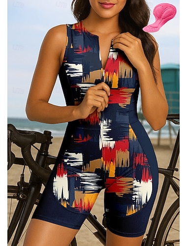  Naisten Triathlon Tri -puku Pyöräilypaitasarja Hihaton Kesä Laivaston sininen Geometrinen Pyörä 3D alusta Nopea kuivuminen Ultraviolettisäteilyn kestävä Etuvetoketju Heijastinraidat Urheilu Vaatetus