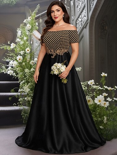  A-Linje Gulvlengde Ballkjole Festkjole Cocktailkjole Mor til bruden Kjole Kortermet Båtutringning Av skulderen Elegant Vintage Luksuriøs Formell Satin med Perler Paillettbroderi