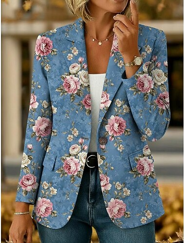  Per donna Blazer Caldo Confortevole Tasca Bottoni Stampato Quotidiano Casual Floreale Vacanza Ufficio Casuale Monopetto Regolare Collo ripiegato Vestibilità regolare Manica Lunga Capispalla Blu Viola