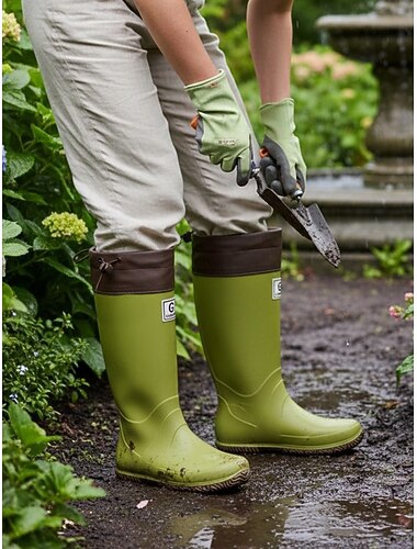  Sammenleggbare grønne gummistøvler til dame - vanntette hagestøvler med justerbar mansjett og sklisikker såle | praktisk, avslappet stil for hagearbeid, hagearbeid, ærender utendørs og turer i regnvær