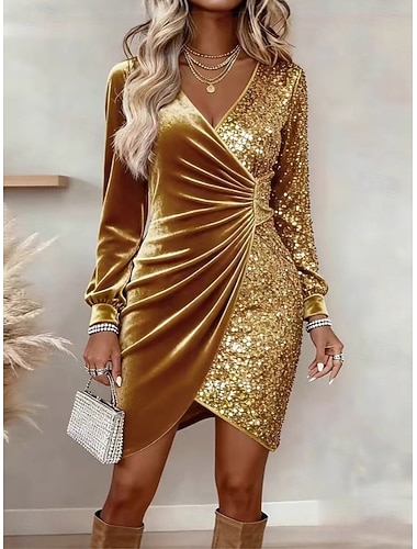  Capodanno Per donna Mini Abito Tubino Elegante Festa Compleanno Vacanza Feste Matrimonio Tinta unica Manica Lunga Scollo a V Rosso bordeaux Nero Oro