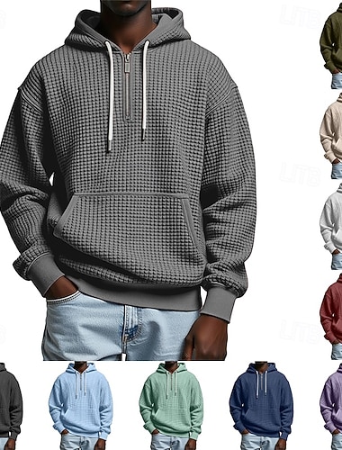  Herren Kapuzensweatshirt Waffle Kapuzensweatshirt Pullover Kapuzensweatshirt Blau Aprikose Weinrot Schwarz Hellgrün Mit Kapuze Einfach Kängurutasche Strukturiert Sport & Outdoor Lässig Täglich