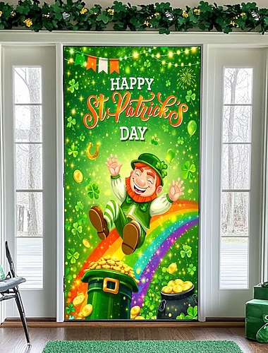  Türdekoration zum St. Patrick's Day: Fröhlicher Kobold auf Regenbogen mit Kleeblättern, festliche Eingangsdekoration für die Feierlichkeiten zum St. Patrick's Day