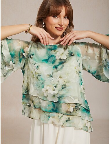  Dames Blouse Chiffon-topjes Kanten topjes Veters Meerlaags Bloemig Elegant 3/4 mouw Strakke ronde hals Normale tops Dagelijks Bruiloft gast Groen Zomer Lente Herfst